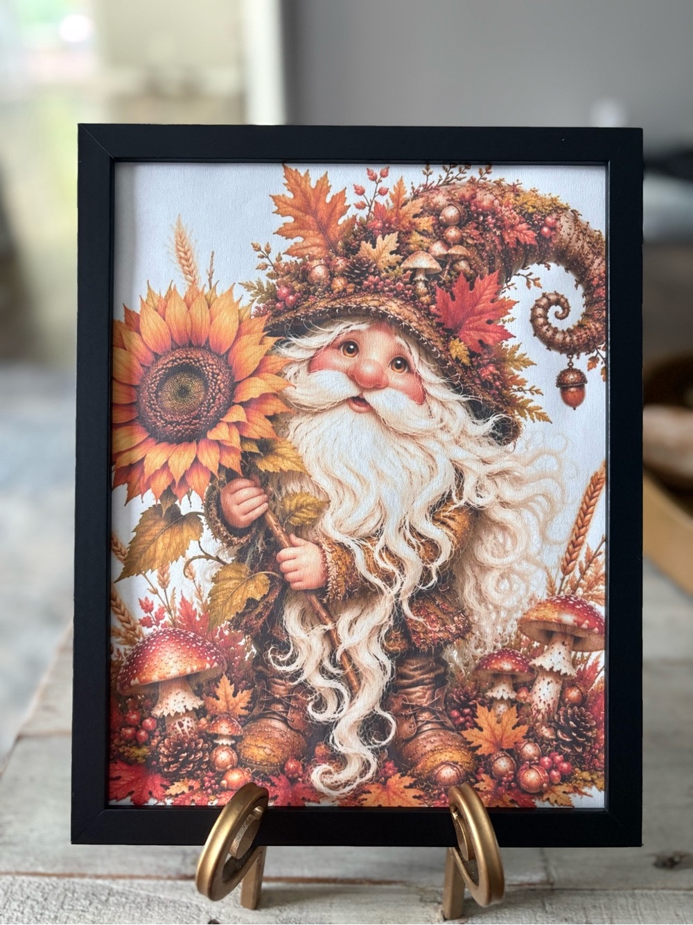 Autumn Gnome Sunflower Framed 8x10 Wall Art Print - Rustic Fall Home Decor